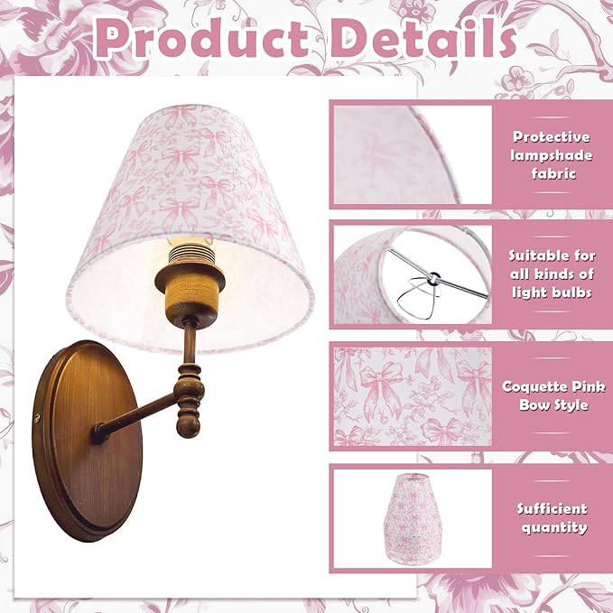 VIHOSE 6 Pcs Chandelier Lamp Shades Small Lamp Shade 3" Top x 6" Bottom x 5" Slant Vintage Coquette Pink Bow Toile Chinoiserie Clip on Lampshade for Wall Sconces Pendant Lighting