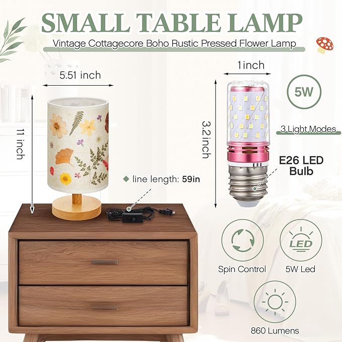 Hortsun Pressed Flower Lamp Vintage Table Small Lamp Cottagecore Decor Boho Night Light Decorative Rustic Night Light for Bedroom, Living Room or Office, Valentine Gift for Women(Modern Style)