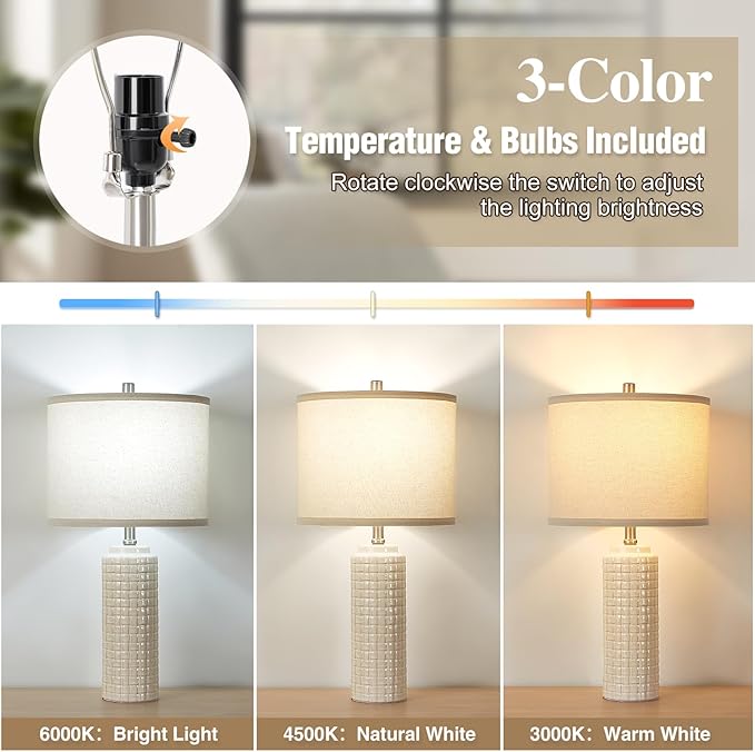 Luvkczc 24.8" Modern Ceramic Bedside Lamp Set of 2, 3 Color Temperature&Bulbs Included - Farmhouse Nightstand Lamps for Living Room Bedroom End Table Office Entryway
