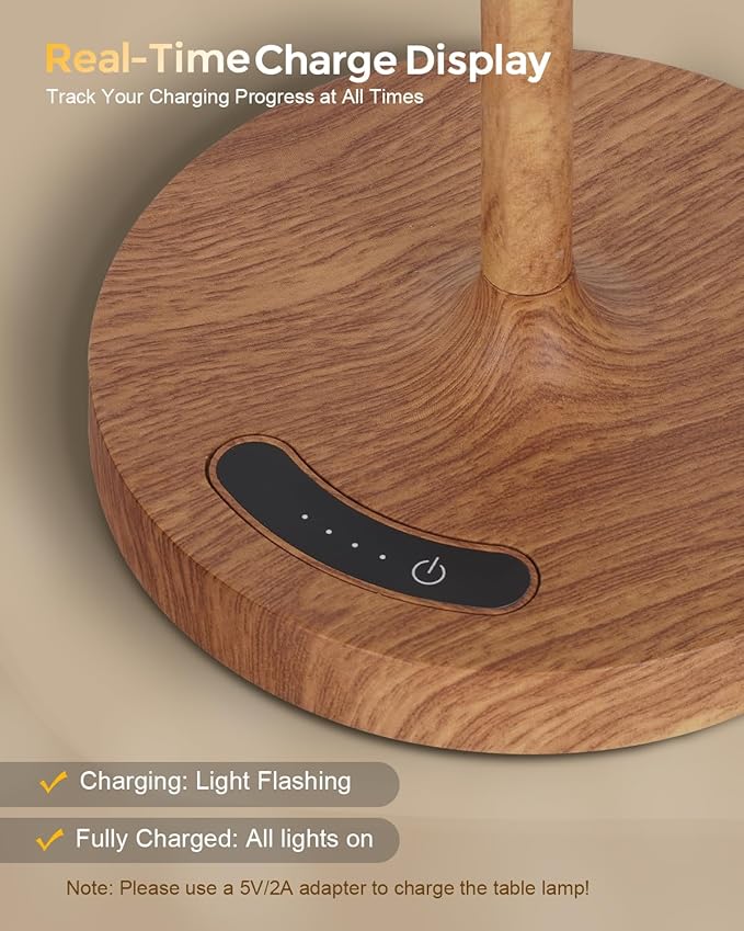 Cordless Touch Table Lamp, 4000mAh Rechargeable Small Desk Lamp with 3 Color Temperatures & Stepless Dimming, Portable LED Bedside Lamp for Bedroom, Living Room, Patio & Camping, Wood Grain