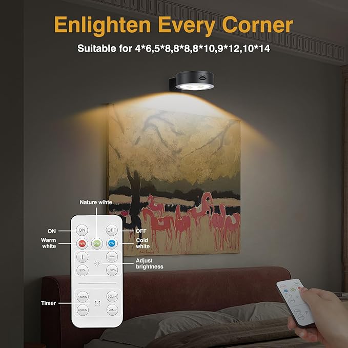 LED Picture Light Wireless Battery Operated Poster Light,Remote Control Painting Lights,Timer and Dimmable Art Light for Wall,Magnetic Accent Display Wall Light for Artworking,Wall Decor Puck Lights