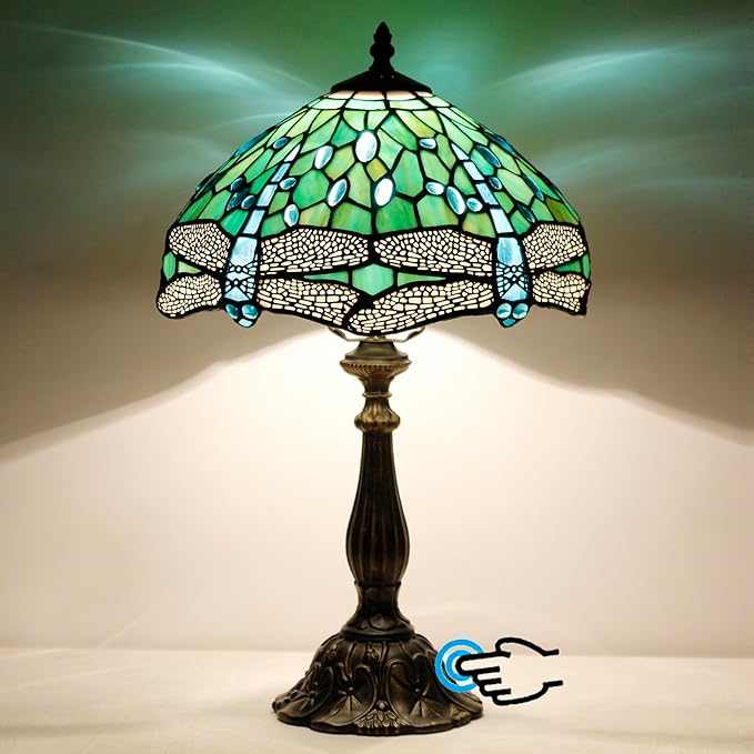 Tiffany Lamp Touch Control Table Lamp Green Stained Glass Desk Lamp 12X12X19 Inches Dragonfly Style Reading Light