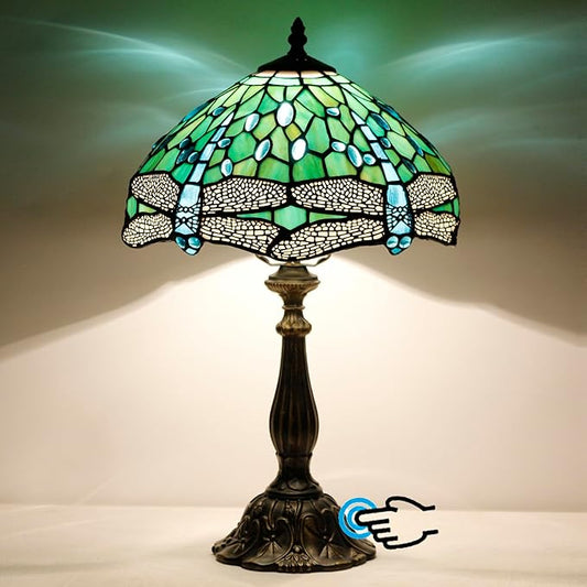 Tiffany Lamp Touch Control Table Lamp Green Stained Glass Desk Lamp 12X12X19 Inches Dragonfly Style Reading Light