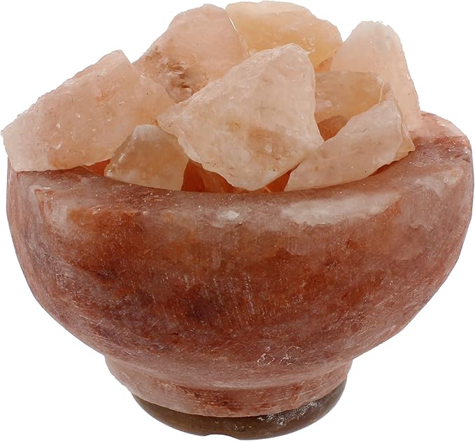 Himalayan Salt Bowl with Chunks on Wooden Base.