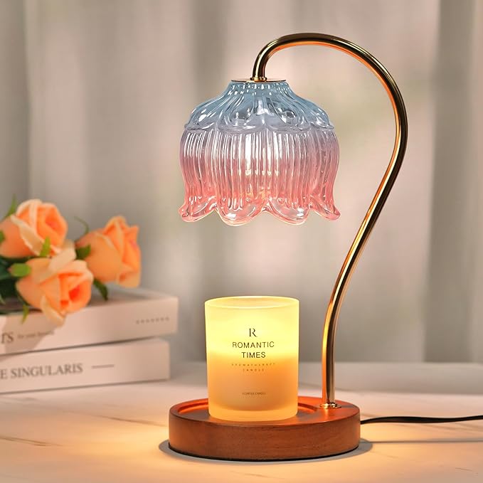 Dimmable Candle Warmer Lamp with Timer, Electric Candle Warmer Lamp, Women Birthday Gifts, Flower Candle Lamp Warmer for Family, Pink Blue Fragrance Candle Lamp for Modern Office Desk Decor