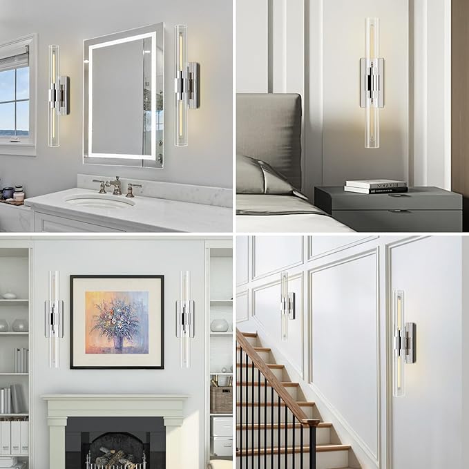 YUYI Nickel Wall Sconce Light, 22.8'' Indoor Sconces Wall Decor with Clear Glass Shade, Bathroom Vanity Wall Lights for Bathroom Living Room Bedroom Hallway Fireplace Staircase