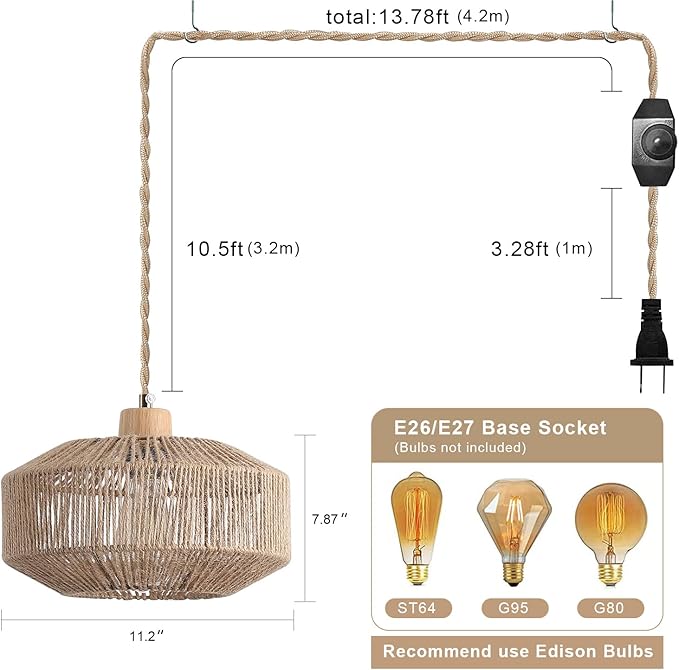 Coastal Woven Plug in Pendant Light with 14ft Handmade Hemp Rope Light Cord, Dimmable Switch, Natural Basket Hanging Lamp for Bedroom Kitchen Island Decor Farmhouse Living Room