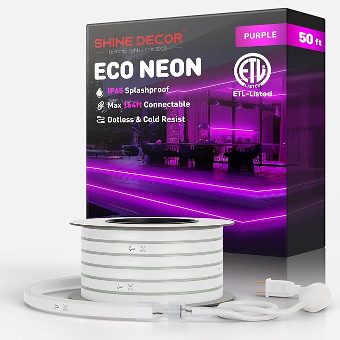 Shine Decor LED Rope Lights AC 120V, Connectable & Cuttable Dotless 120LEDs/M Eco Neon Strip Lighting, ETL IP65 Waterproof & Weather-Resistant for Home Commercial, 8x16mm, Purple, 50FT