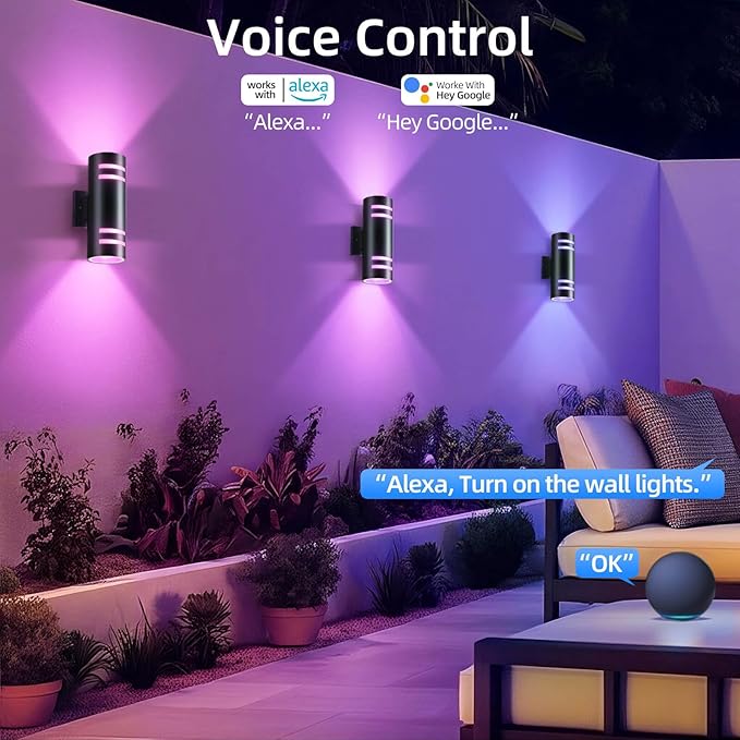 Smart Porch Lights Color Changing, RGB Outdoor Wall Lights with Remote Control Ambiance Up and Down Lights, Black Exterior Light Fixture Home Theater Lighting Compatible with Alexa Google Assistant