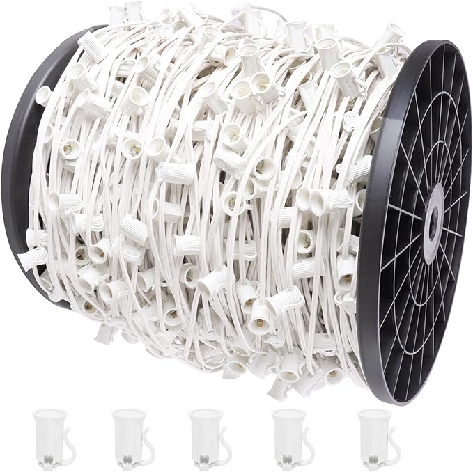 1000FT C7 Light String Christmas Stringer, E12 Christmas Sockets 12" Spacing, C7 Stringer Set Green Outdoor String Light for Wedding Patio Event Lighting Decor, White Wire