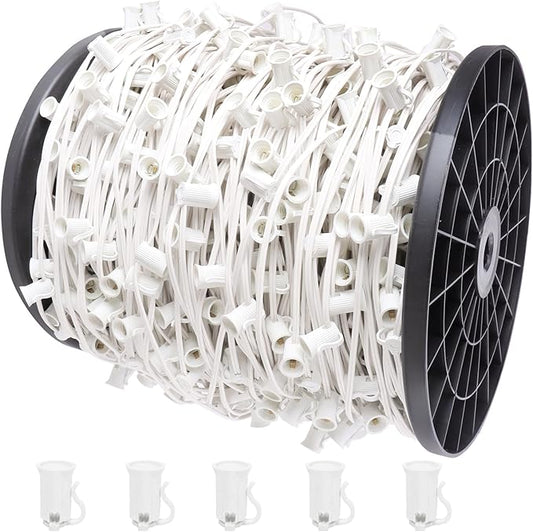 1000FT C7 Light String Christmas Stringer, E12 Christmas Sockets 12" Spacing, C7 Stringer Set Green Outdoor String Light for Wedding Patio Event Lighting Decor, White Wire