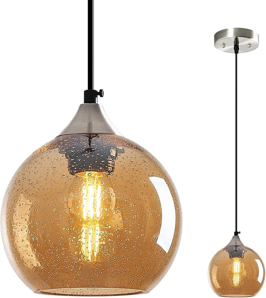 Amber Glass Pendant Lights Kitchen Island Globe Pendant Light Fixtures Modern Pendant Lighting for Bedroom Living Dining Room Light Fixture (5.9 in, 1 Pack)