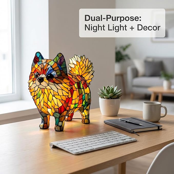 Rainbow Puppy Lamp Stained Glass Dog Night Light 3D Retro Stained Resin Rainbow Pup Lights Charge Powered Table Lamp Puppy Glow Lamps for Home Bedroom Desk (K)