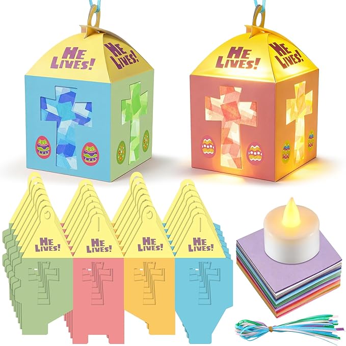 Simgoing 12 Sets Easter Crafts with LED Candles Lights Religious Easter He Lives Cross Tissue Paper Crafts Kits DIY Religious Hanging Ornaments for DIY Home Activities