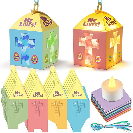 Simgoing 12 Sets Easter Crafts with LED Candles Lights Religious Easter He Lives Cross Tissue Paper Crafts Kits DIY Religious Hanging Ornaments for DIY Home Activities