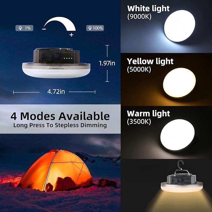 12000mAh 4000 Lumen Camping Lights 3 Light Mode Portable LED Camping Lantern Rechargeable 45W Magnetic Hanging Battery Level Display Tent Light Camping Flashlight Power Outage Emergency Lighting
