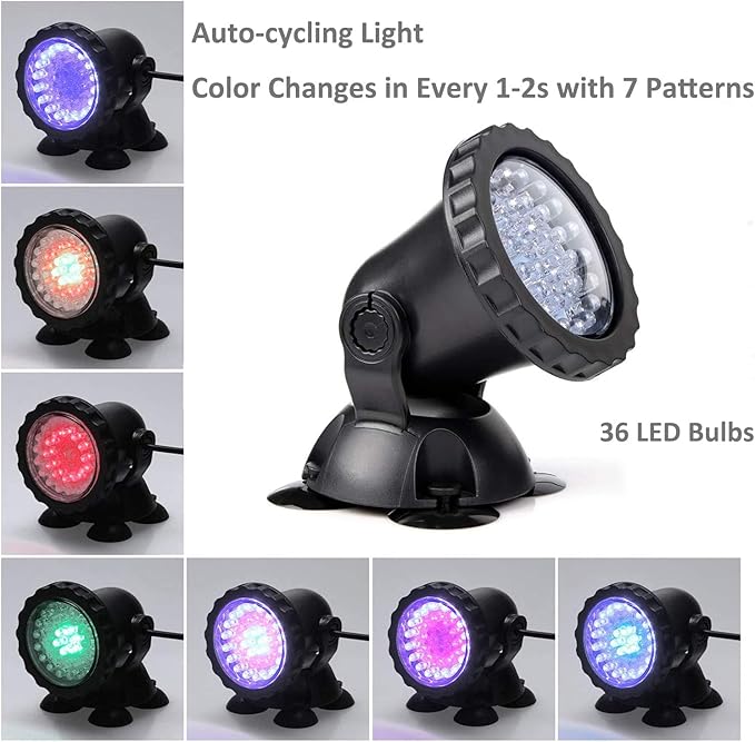 Pond Lights Underwater Fountain Light 3.5W Color Changing Submersible Spotlight with 36-LED Bulbs Underwater Light Waterproof IP68 Pool Light for Pond Aqaurium Garden Fish Tank