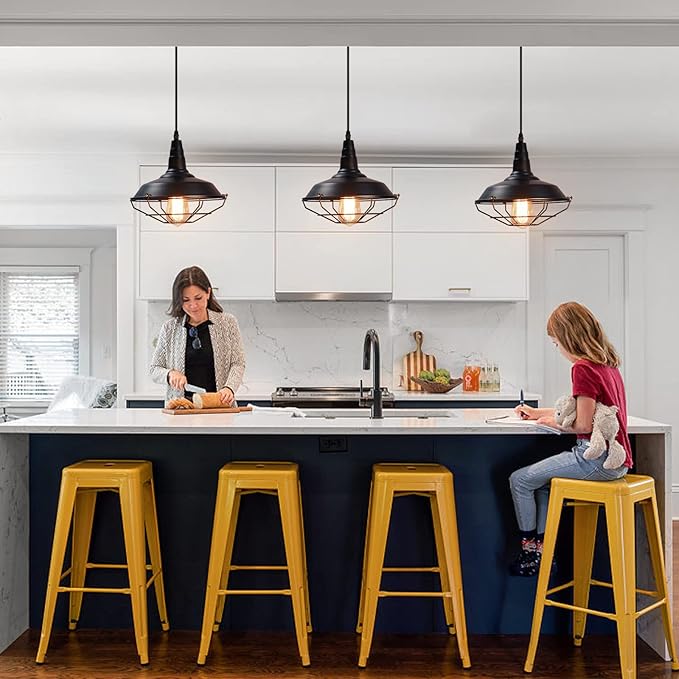 Black Pendant Light fixtures 10.5 inches 3 Packs, Matte Pendant Lights Kitchen Island, Industrial Pendant Light, Vintage Farmhouse Pendant Lights for Dinning Room Entryway Barn