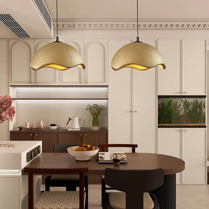 JAYMP 15.7" Modern Pendant Light for Dining Room Kitchen Island Light Hanging Lamp E26 Base Japanese Wabi-Sabi Style Bird Nest Shape Lighting Fixture, 1 Pack (Matte Gold,D Shape, 40cm/15.7inch)