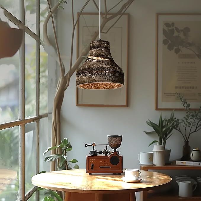 Edvivi Pendant Light with Nordic Style Funnel Paper Shade, 1-Light 11.75 in. Dia Natural Brown Cardboard Chandelier, Adjustable Hanging Light Fixture for Dining Table, No Bulbs Included