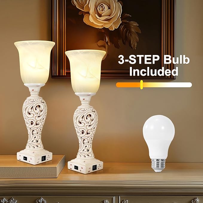 Bedside Table Lamps for Bedroom Set of 2, 3-Way Dimmable Nightstand Lamps with 2 USB Charging Ports, 20" Vintage Desk Lamps with White Alabaster Glass Shade for Living Room Entryway, LED Bulb Included