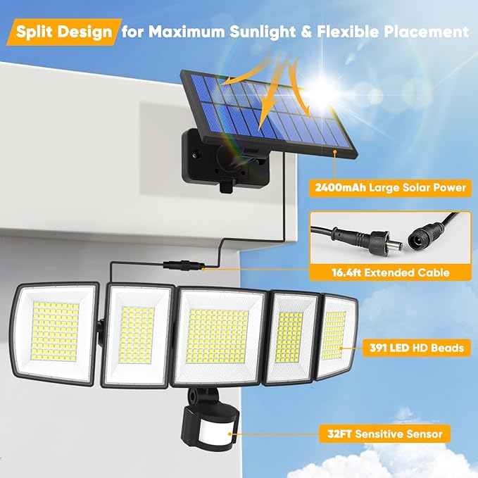 Solar Motion Lights Outdoor - With 16.4ft Cable, 3000LM Ultra-Bright LED Security Lights for Outside Dusk to Dawn, 2400mAh IP65 Waterproof Flood Lights with Remote for Court Yard Garage Front Door