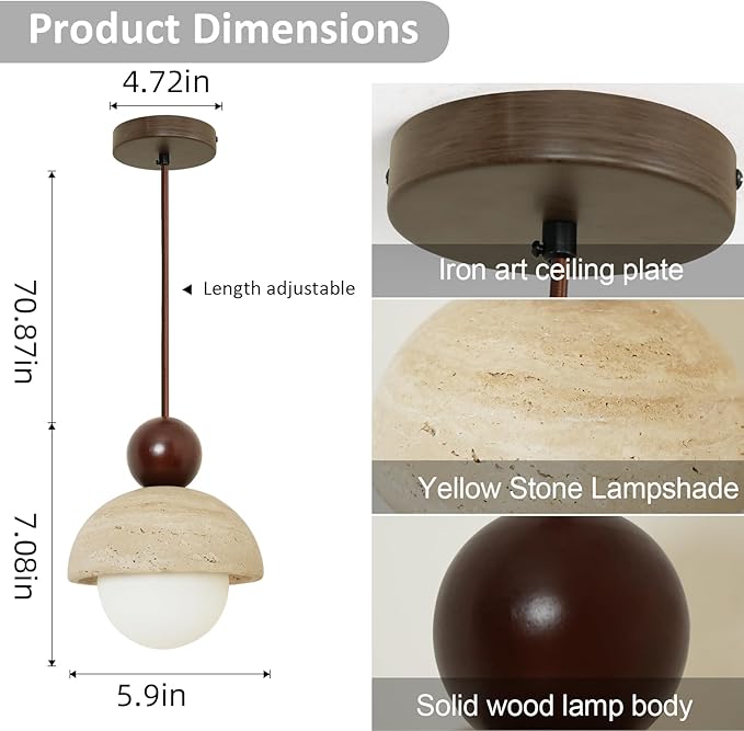 Japanese Light Fixture Wabi-Sabi Style Natural Yellow Travertine Pendant Light with Glass and Solid Wood, Mini Hanging Light Fixture for Kitchen Island, Dining Room, Bedroom, Compatible with G9 Bulb