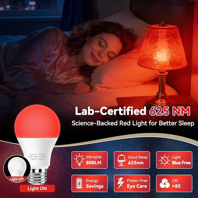 Neporal 625nm 9W Red Light Bulbs for Sleep, 100% Blue Light Blocking Light Bulbs for Melatonin Promoting, A19 LED 60W Equivalent Dim Red Night Light Bulb for Baby Nursery, Sleeping, Reading, 2-Pack