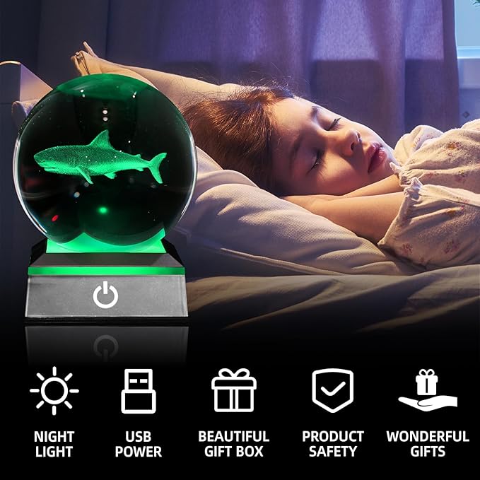 3D Shark Crystal Ball Night Light 3.15 inch Glass Ball Table Lamp with Color Changing Touch Base Decor Ideal Sharks Gifts for Friends Kids Christmas Birthday