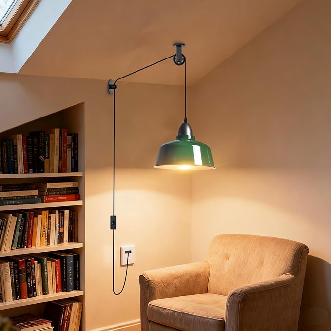 Plug in Pendant Light, Green Farmhouse Hanging Lights with Plug in Cord, Pulley Hanging Lamp, Industrial Pendant Lights Fixture for Kitchen Island, Bedroom, Dining Room, Living Room, Office