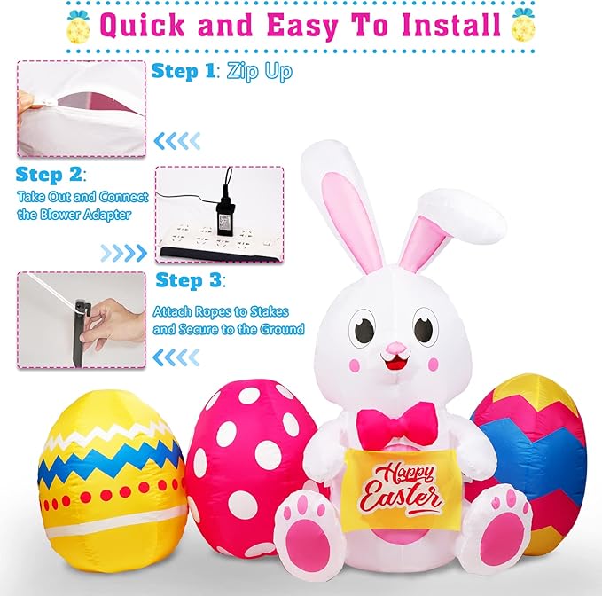 6FT Easter Inflatables Outdoor Decorations, Inflatable Bunny and Colorful Eggs Build-in 5 LEDs, Happy Easter Blow Up Yard Decorations for Home Holiday Party Outdoor Lawn Garden