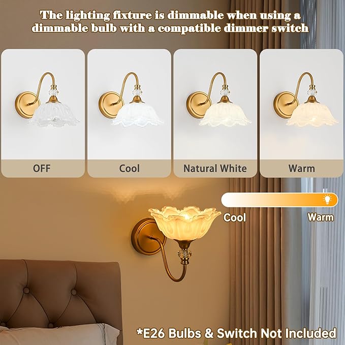 1 Piece Vintage Wall Sconce with Floral White Glass Shade, Matte Brass Finish Wall Sconce for Bathroom, Vintage Bathroom Vanity Light Fixture