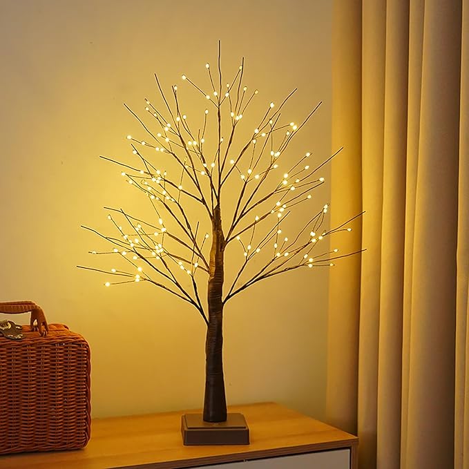 144 LED Artificial Tree Lamp with Timer, DIY Birch Trees with LED Lights, Lighted Up Trees Lamp USB/Battery Powered, Fairy Light Spirit for Table Home Wedding Bedroom Christmas (Brown)