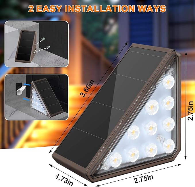 2 Pack Solar Stair Lights Outdoor Stair Lights with Waterproof IP67 LED Solar Light for Outside Light Decor for Deck, Front Step, Front Porch, Patio, Garden and Backyard (Brown)