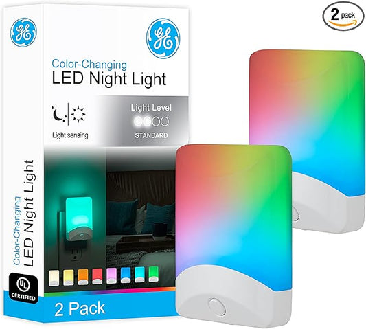GE Color Changing LED Night Light for Kids, Dusk to Dawn Sensor, Home Decor Apartment Essentials, Wall Lights for Bedroom, Ambient Lighting, Nightlights Plug in, 2 Pack, 46722-P1