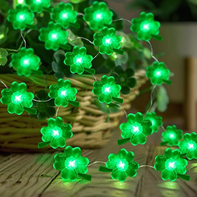 Coquimbo St Patricks Day Decorations String Lights, 10FT 30LED Green Shamrock String Lights Battery Operated Fairy Lucky Clover Lights for Indoor Bedroom Party Feast of St. Patrick's Day Decorations