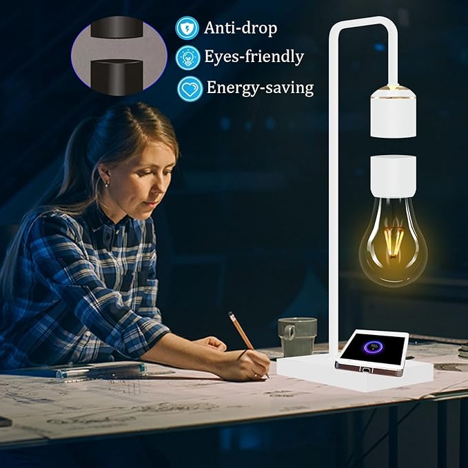 Magnetic Levitating Lamp with Wireless Charging Pad Levitating Bulb Lamp Levitation Light Bulb Floating Table Lamp Night Light for Bedrooms Desk Toys Office Decoration Christmas Gifts