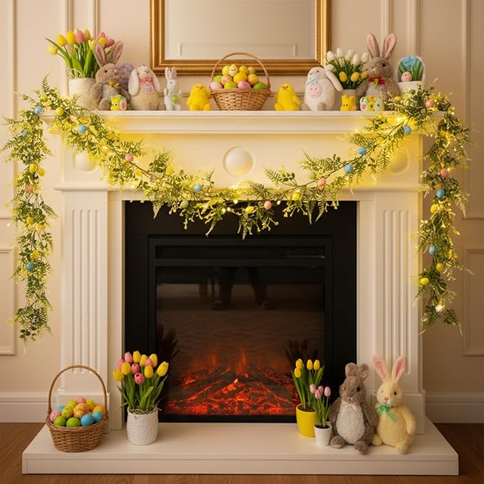 6FT Lighted Easter Egg Garland, Battery Operated Spring Garland with Warm White LED Lights, Easter Decorations for Fireplace Mantel, Door, Indoor & Outdoor Holiday Decor
