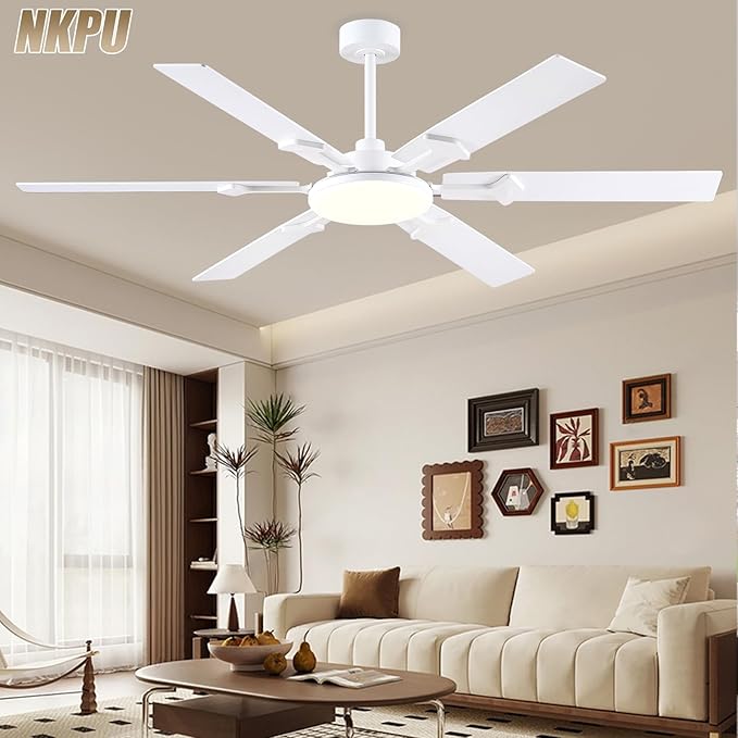 66 Inch White Ceiling Fans with Lights, Modern Large Ceiling Fan with Remote & APP Control, Reversible DC Motor, 6 Double-Sided Blades, 6 Speeds, Silent, Timer, for Living Room Indoor Outdoor