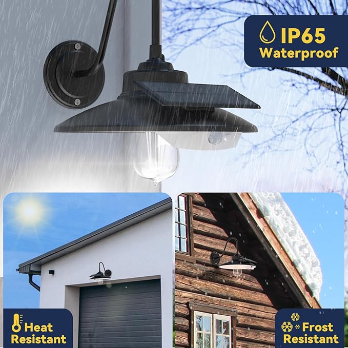 APONUO Solar Barn Light with 3 Lighting Modes, Motion Sensor, Waterproof Rustic Vintage Gooseneck Solar Shed Light for Barn, Wall, Farmhouse, Chicken Coop (White Lighting)