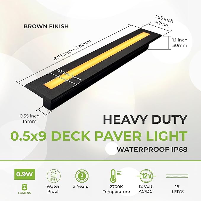 LUMENGY Deck Liner LED Light 0.5x9 Inch, 2700K Warm White, 12V Low Voltage, IP67 Waterproof, for Wood and Composite Decks and Patios, Brown