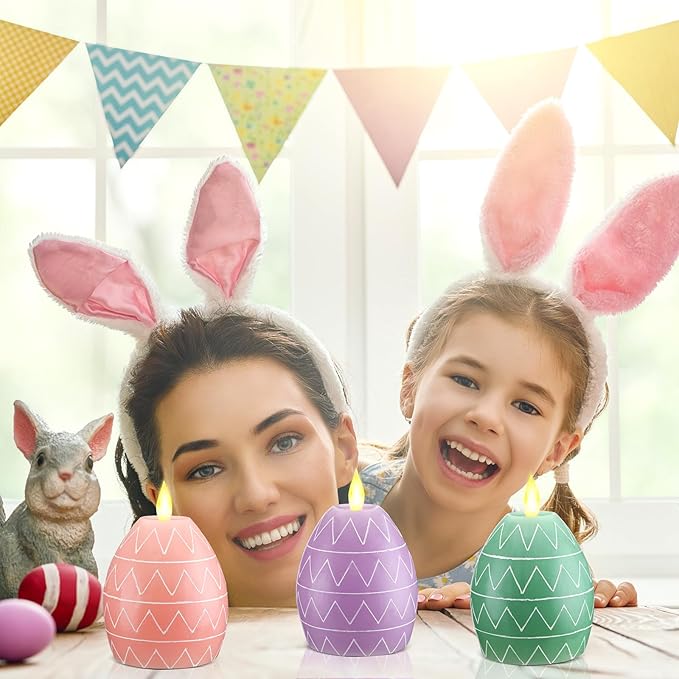MTLEE 3 Pcs Easter Egg Candles 3 Color Scented Real Wax Led Easter Flameless Candles Spring Battery Operated Egg Shaped Holiday Home Living Party Decoration Centerpiece