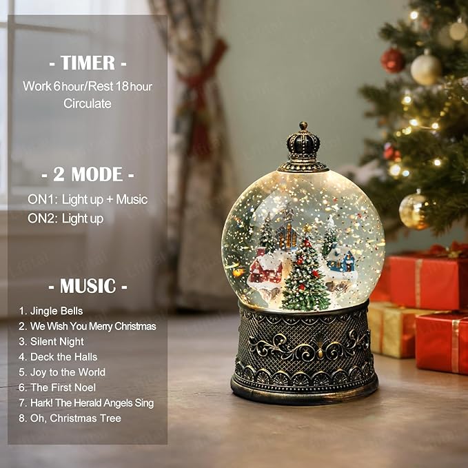Christmas Snow Globes Village Snow Globe Lantern, Lighted Christmas Decorations Indoor for Home with Music Timer Glitter, Mountain Church, Musical Festival Gifts, USB & Battery Operated
