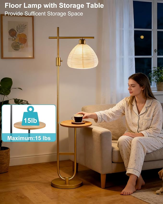 66IN Dimmable Gold Floor Lamps with Storage Table, Modern Standing Tall Lamp with Milky White Lampshade, Cross-Shaped Lamp Head and U-Pole Base Style for Living Room/Bedroom