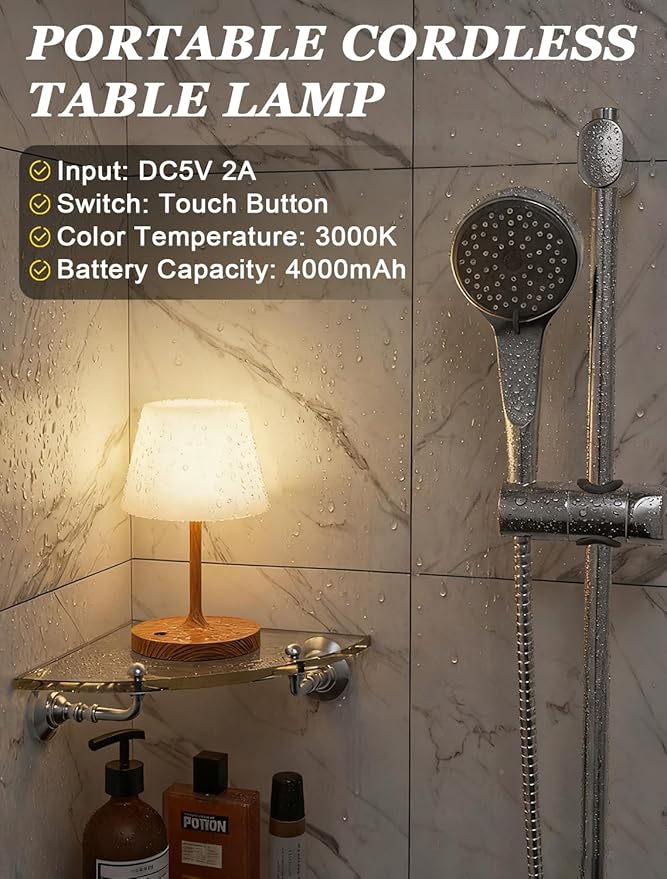 Kakanuo Cordless Shower Lamp Waterproof, Cordless Lamp with 4000mAh Battery, Rechargeable Table Lamp, Touch Dimmable Desk Light for Outdoor, Kitchen, Bathroom, Camping, Patio, IP54