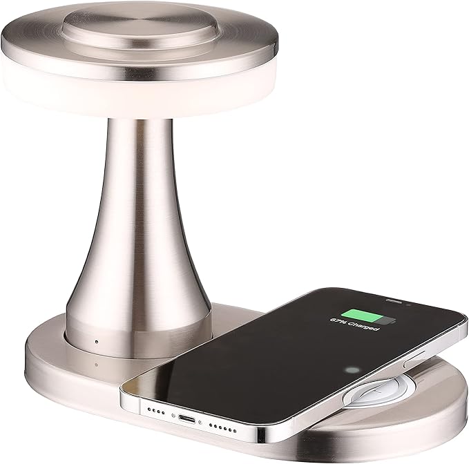 O’Bright - Portable LED Table Lamp with Wireless Charging Pad, Dimmable and Rechargeable Night Lamp, Ambient Light for Patio/Restaurant/Nursery, Bedside Nightstand Lamp, Brushed Nickel