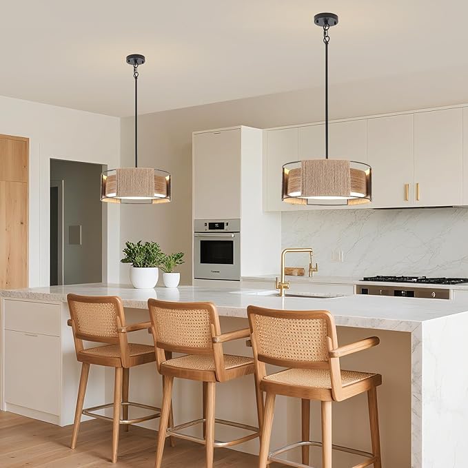 Rattan Chandelier 3-Light, 15.74'' Dual-Layer Shade Rustic Rattan and Metal Wood Grain Round Pendant Light Kitchen Island Lighting Hanging Drum Chandeliers for Entryway Foyer Bedroom Living Room