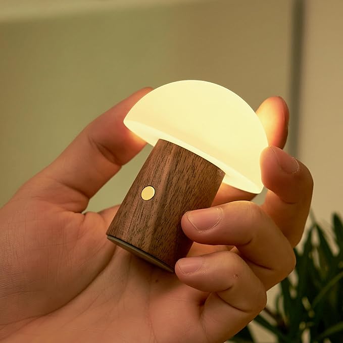 Gingko 7 Colour Changing RGB Alice Mushroom Lamp, Mood Light and Night Lights, Long Life Battery, USB-C Charging, 3 Light Modes, FSC Certified Wood with Frosted ABS Shade (Walnut, Super Mini)