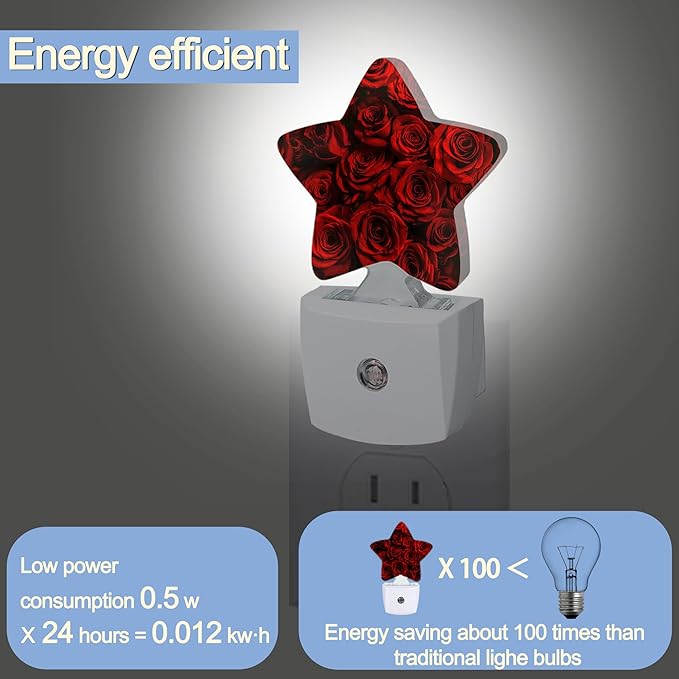 Red Rose Flowers Nightlight,Romantic Roses Star Night Lights Plug into Wall Decorations for Bedroom Bathroom,Dusk to Dawn Sensor Kitchen Hallway Stairs Energy Efficient Desk Lamp
