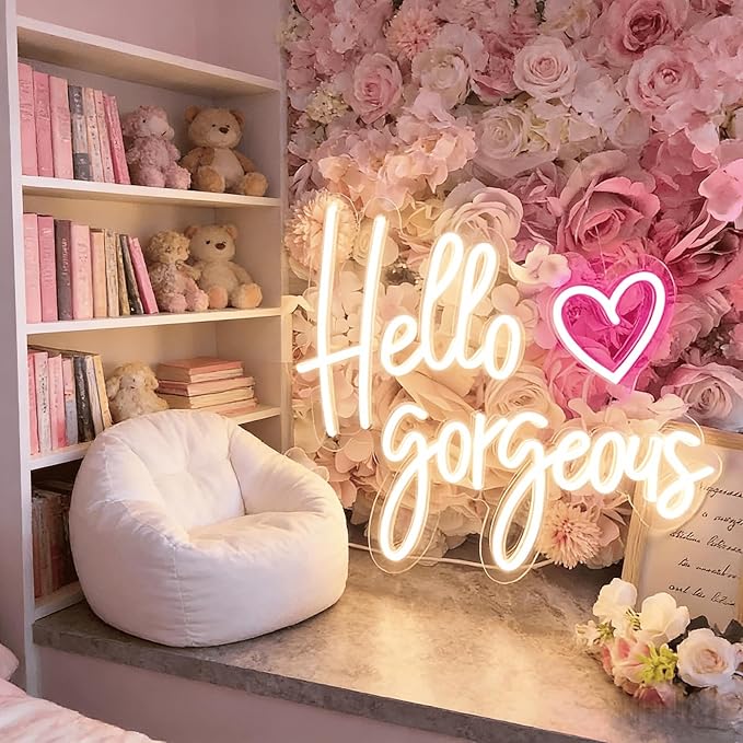 Hello Gorgeous Neon Light for Wall Decor, Pink USB Powered LED Sign with Dimmable Switch, Neon Sign for Home, Wedding, Birthday Backdrop, Party (Warm White)
